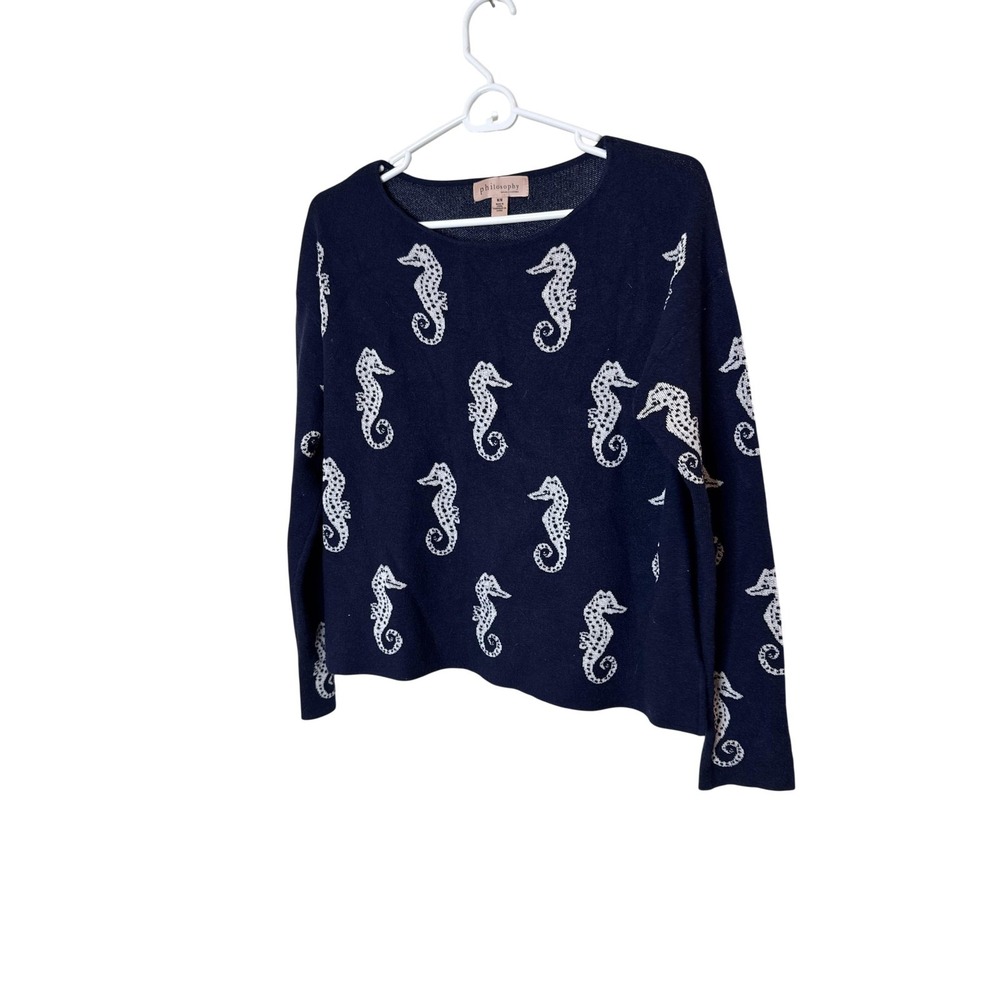 Philosophy Republic Clothing Sweater Womens Medium Blue Seahorse Boat Neck Knit‎